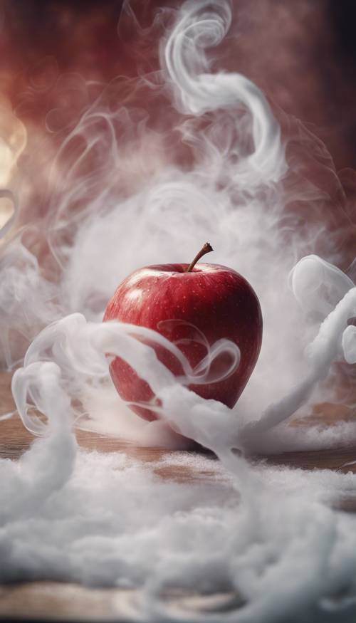 Ein roter Apfel liegt auf einem Tisch, umgeben von Wirbeln aus weißem Rauch.