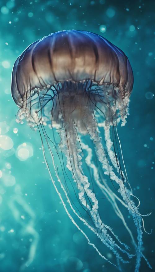 A blue jellyfish floating freely in the deep sea.