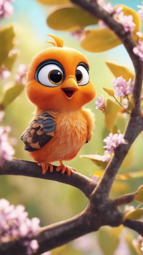 Um personagem de desenho animado bonito de um pássaro pequeno, enérgico e laranja cantando alegremente em um galho de árvore florescente.