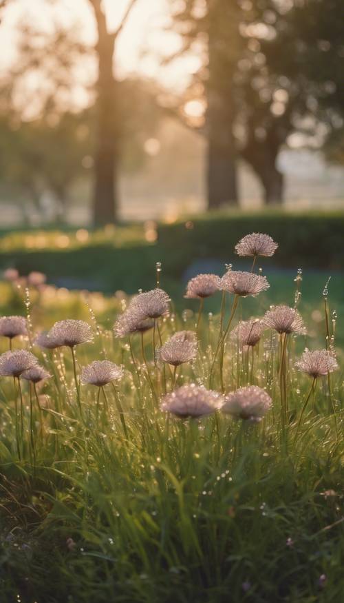 Tętniący życiem dobrze utrzymany park publiczny o świcie, z muśniętą rosą trawą i świeżo kwitnącymi kwiatami. Tapeta [4bcd0847529b401fa006]