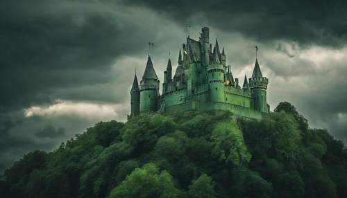 Un grand château métallique vert se dressant sur un ciel sombre et orageux.