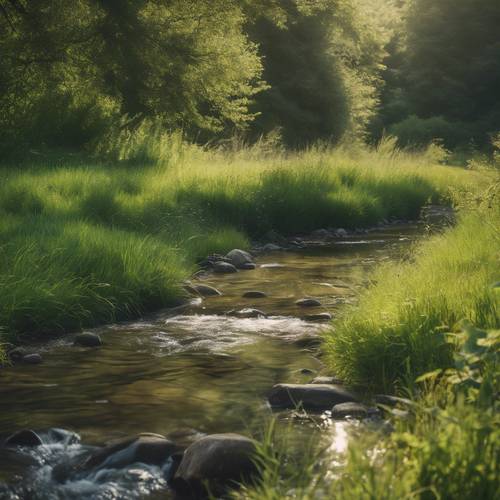 „Ein gut gealtertes Foto eines ruhigen Bachs, der durch eine üppige Wiese fließt.“
