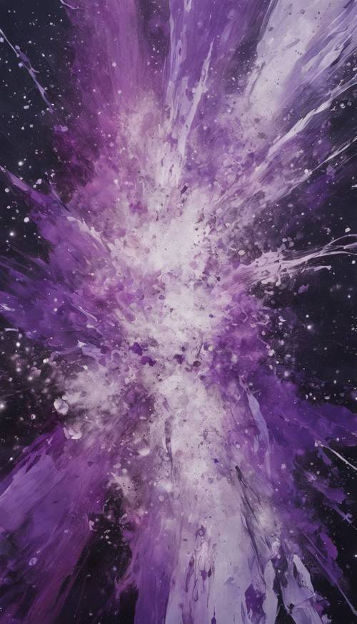Un dipinto astratto con esplosioni viola e striature argentate.