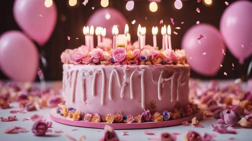 A girly birthday party with pink balloons, confetti, and a big cake decorated with edible flowers.