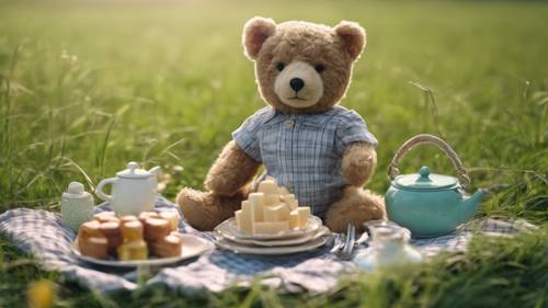 Vintage teddy bear having a picnic with toy dishes on a green meadow.