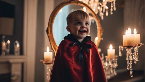 Um vampiro infantil com capa enorme e presas falsas, tentando assustar seu reflexo no espelho, sob o brilho suave de um lustre.