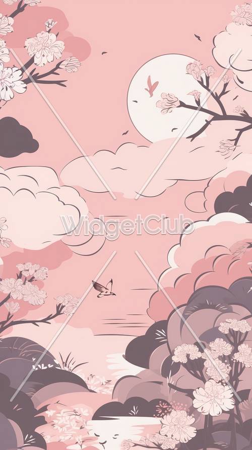 ピンク色の空と飛んでいる鳥の壁紙