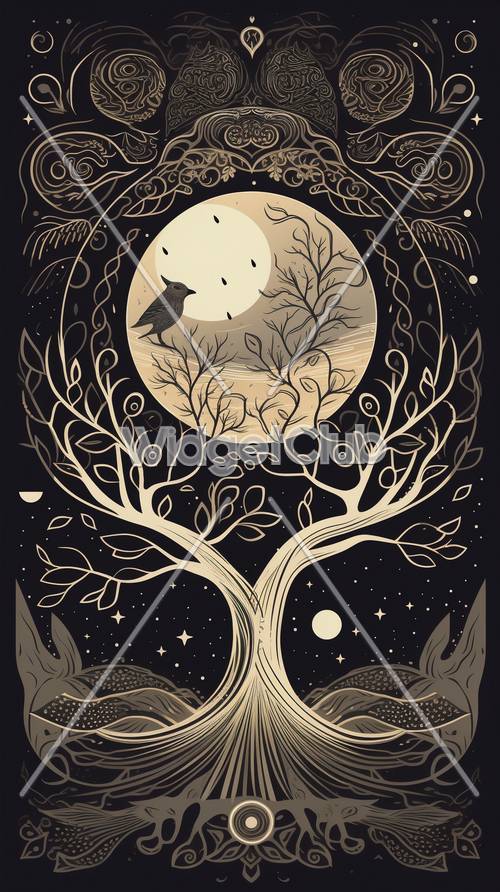 Nuit au clair de lune avec des créatures curieuses et des arbres