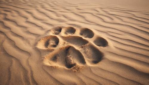 Jejak kaki singa yang menyengat di pasir gurun yang kering.