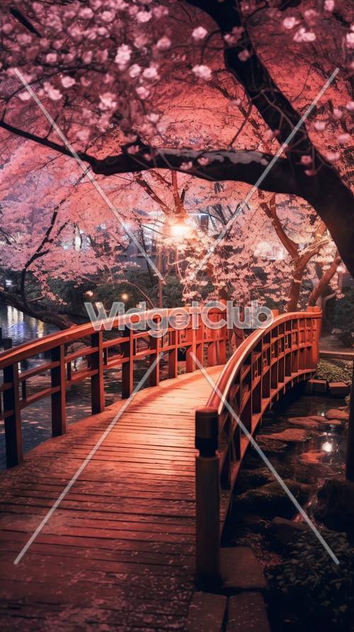 Cerezos en flor por la noche en un puente encantador