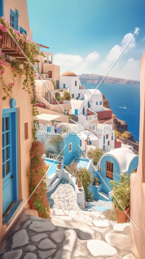 Jasne niebieskie drzwi i białe domy z widokiem na morze na Santorini