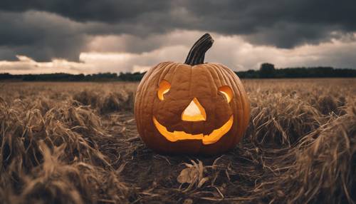 Una vecchia zucca di Halloween con una smorfia, seduta da sola in un campo incolto, sotto un tempestoso cielo autunnale.