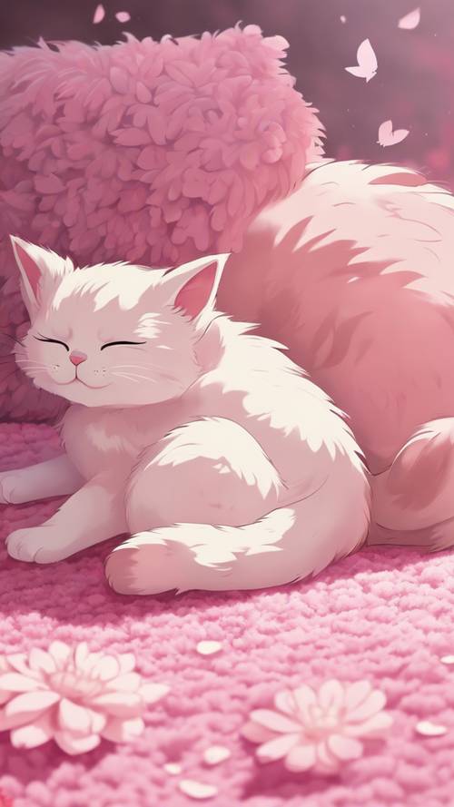 Um lindo gatinho estilo anime dormindo pacificamente em um tapete rosa fofo.