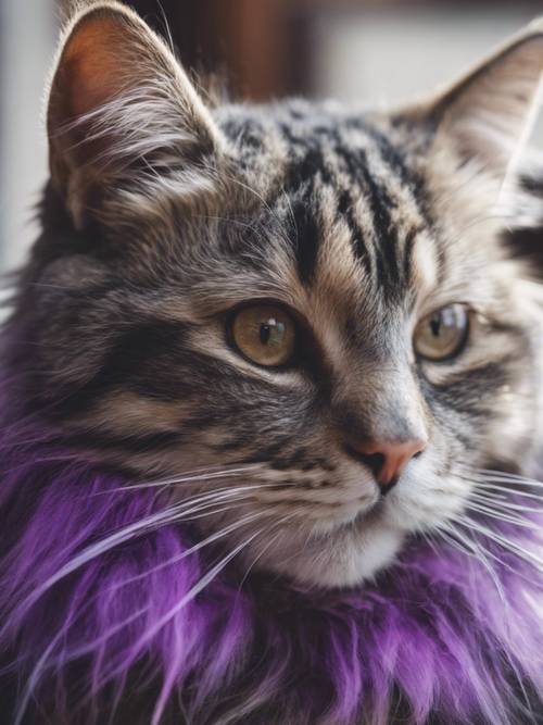 一隻虎斑貓，毛皮染成灰色和紫色。
