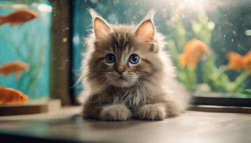 Un chaton aux poils longs et duveteux regardant dans un aquarium avec de grands yeux brillants.