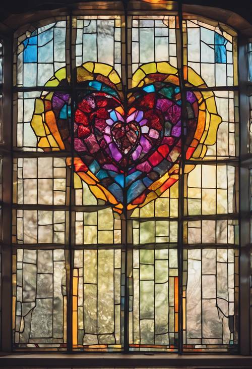 Một cửa sổ kính màu hình trái tim tỏa ra nhiều màu sắc.