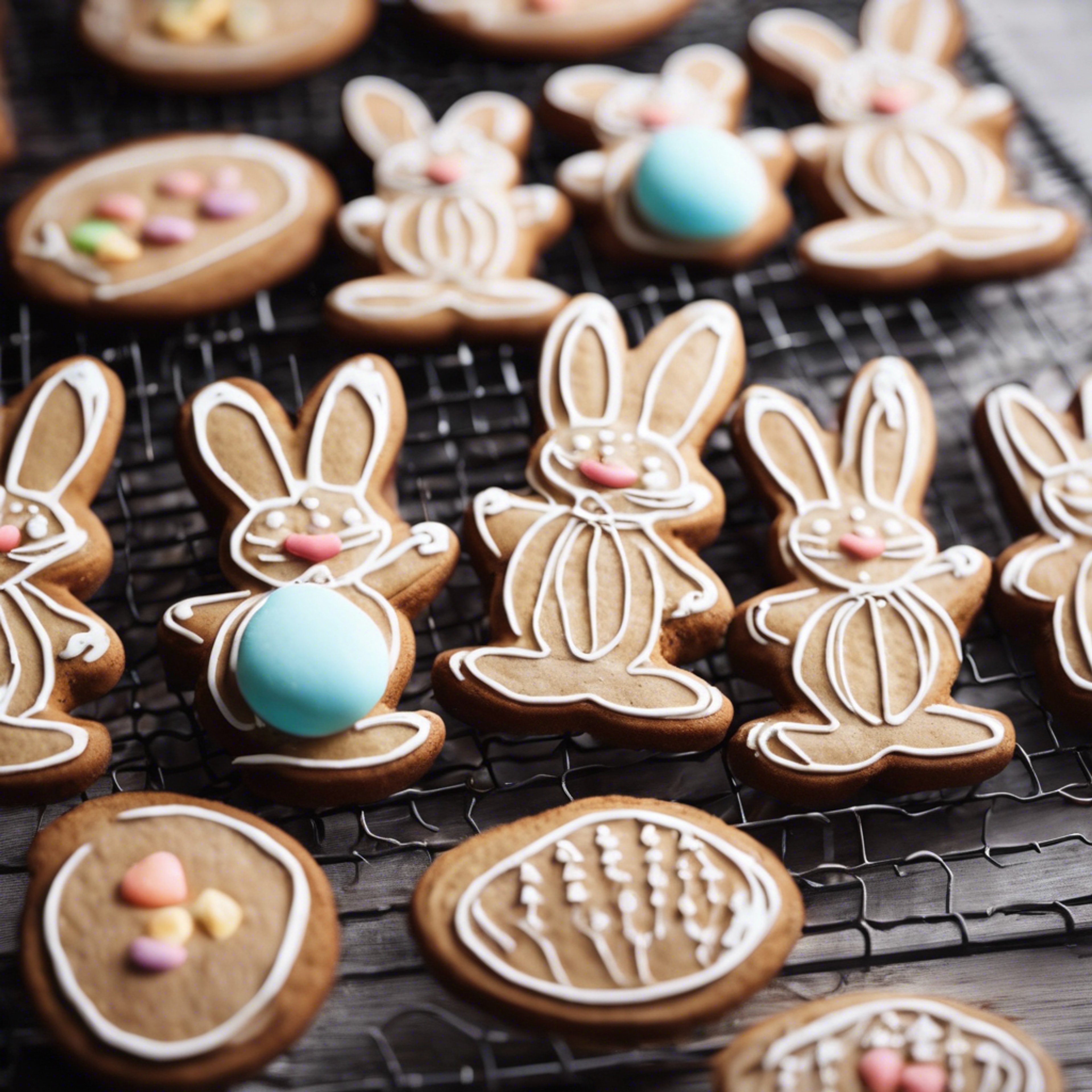 Homemade gingerbread cookies shaped like Easter bunnies and eggs, cooling on a rack. 벽지[c62694eb033d400aa62f]