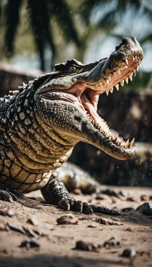 A powerful crocodile displaying its sharp teeth while roaring. Tapet [67a82163d80e4c18ba64]