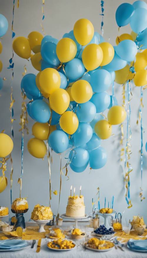 Uma cena alegre de festa de aniversário com balões azuis e amarelos flutuando sobre uma mesa cheia de lembrancinhas.