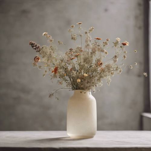 Vase minimaliste aux couleurs neutres rempli de fleurs sauvages.