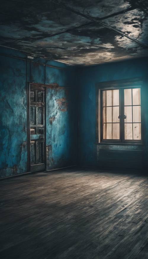 A dimly lit room with a blue grunge background.