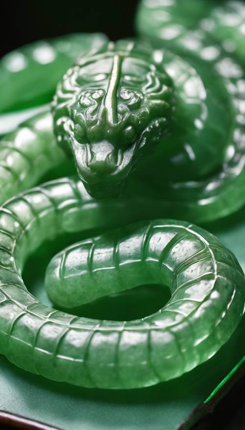 Um artefato de cobra de jade esculpido da China antiga em tons de verde vibrantes.