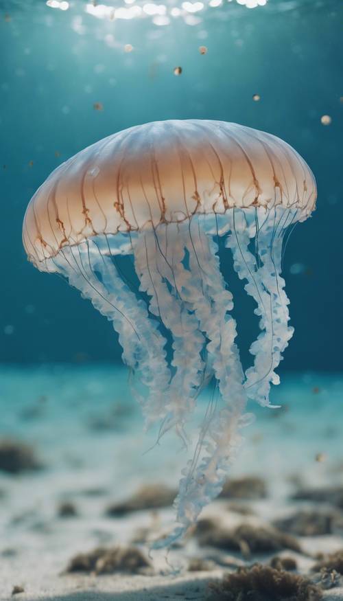 Una medusa de lunares azules nadando con gracia bajo el mar cristalino.