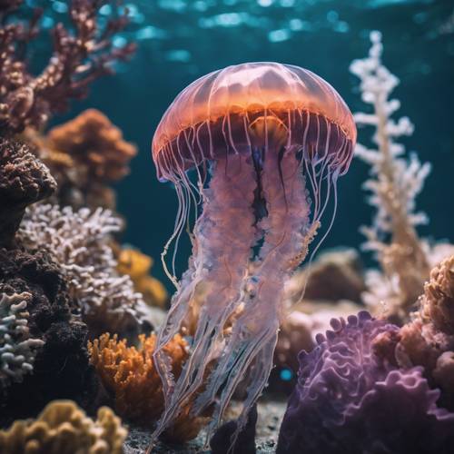 Sakin bir lagünün dibinde renkli mercanlarla etkileşime giren meraklı bir denizanası.