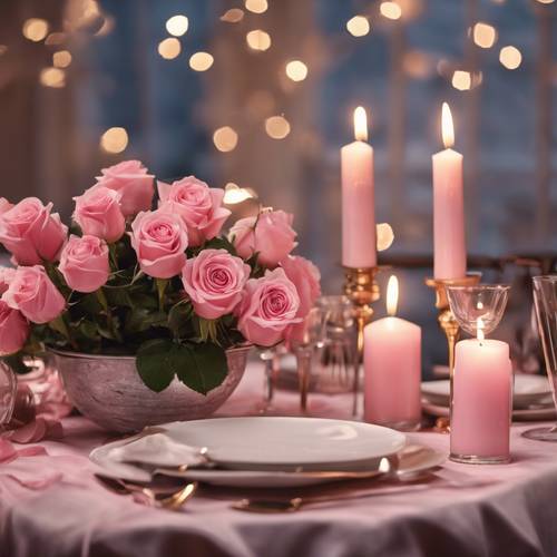餐桌摆放着浪漫的晚餐，装饰着粉红玫瑰和蜡烛