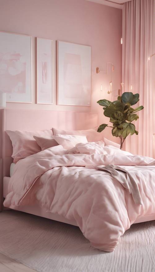 밝은 핑크색부터 흰색까지의 옴브레 효과가 특징인 벽이 있는 현대적인 침실의 렌더링입니다.