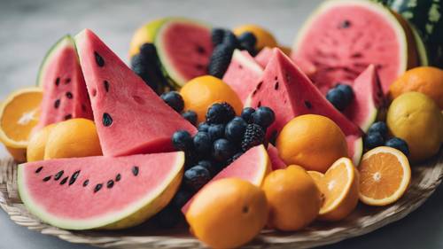 จานผลไม้สดที่มีชิ้นแตงโมสีชมพูและผลไม้รสเปรี้ยวสีส้มสุก