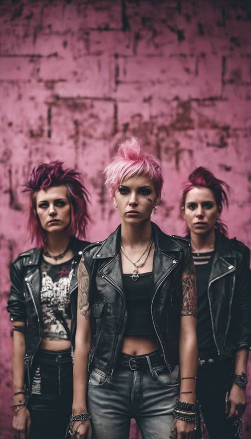 Female punk band standing against a pink grunge background Обои [6d0e015025e8418ba550]