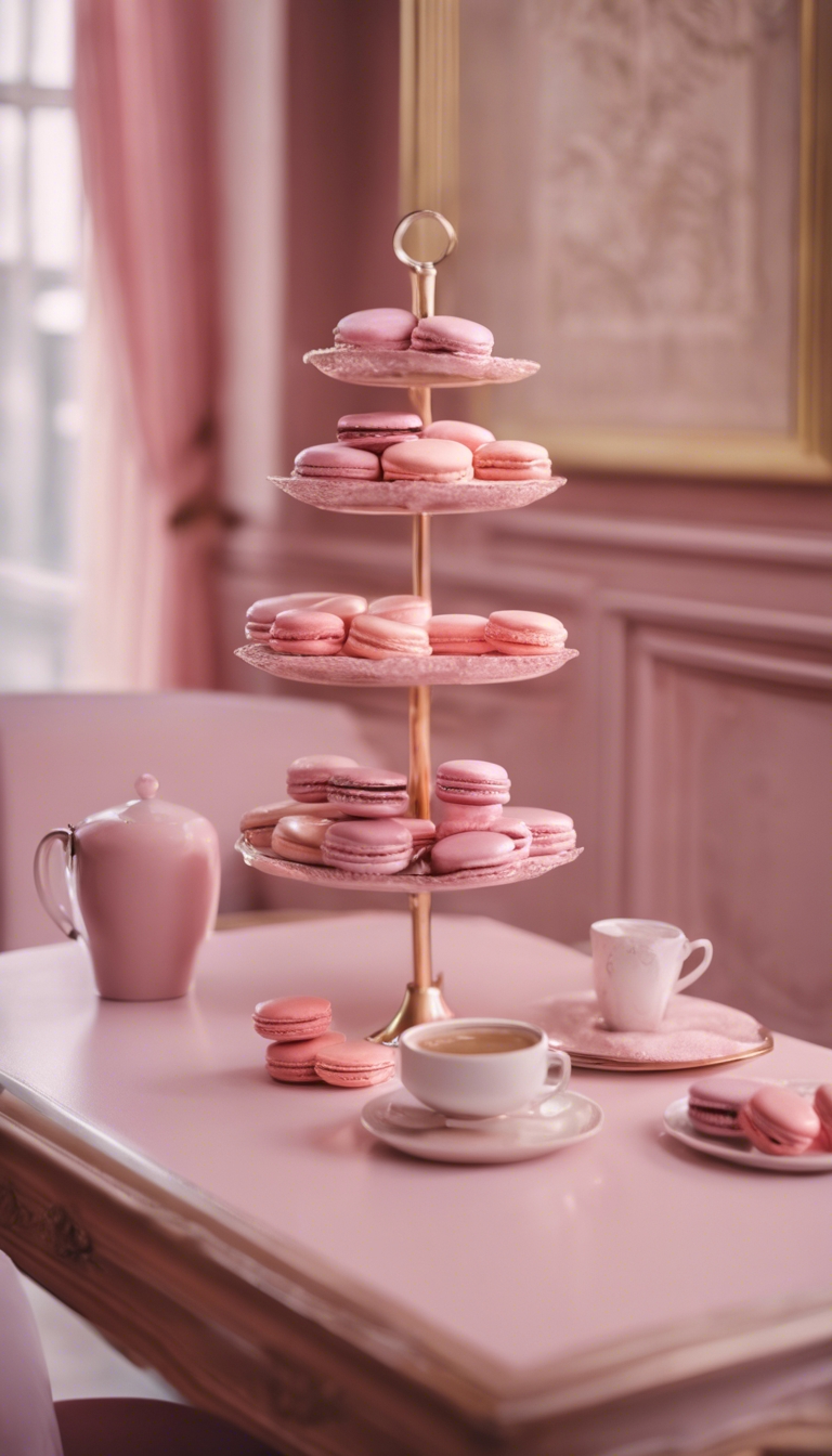 Cozy interior of a cafe with pastel pink furniture and pastel pink macarons served on a table. Tapéta[6c95068008d648efb216]