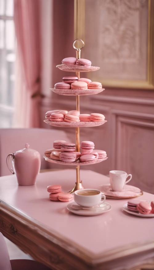 Cozy interior of a cafe with pastel pink furniture and pastel pink macarons served on a table.