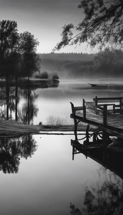 Sessiz bir şafak vaktinde sakin bir göl kenarı manzarasının siyah beyaz görüntüsü.