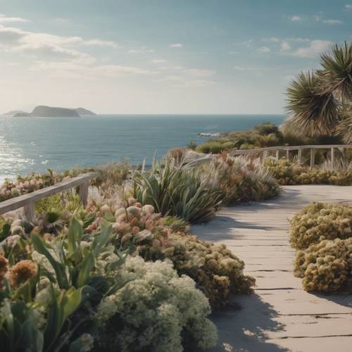 一个僻静的海滨花园，沿海植物在海风中摇曳，俯瞰海洋全景。