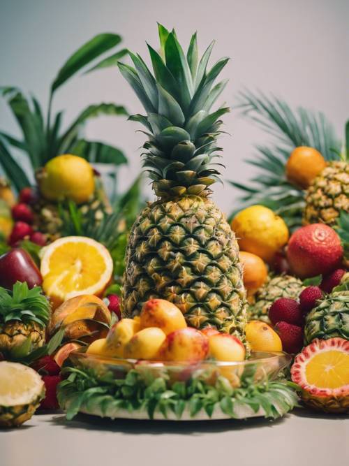Una isla tropical hecha enteramente de diversas frutas, incluida la piña.