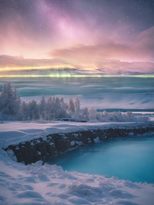 A wintry landscape with the Northern lights in the background, the ethereal blues reflecting the phrase 'Make each day a masterpiece.'.