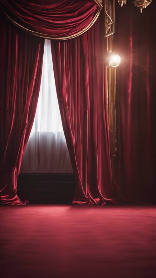 Một tấm rèm sa tanh màu đỏ tía có diềm xếp nếp để lộ một sân khấu hoành tráng với ánh đèn sân khấu.