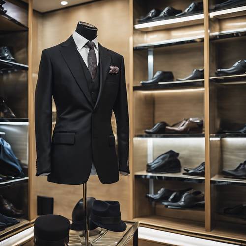 A preppy black formal suit displayed in the men's department of a luxury store. Tapet [884681a0cf0e49448966]