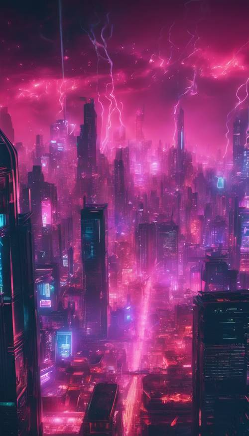 Pemandangan kota cyberpunk futuristik yang diselimuti asap neon cemerlang.