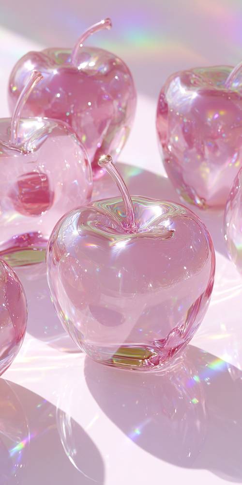 Maçãs de cristal brilhantes em fundo rosa claro