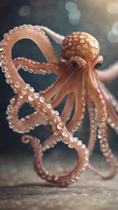 一隻優雅的章魚擺出芭蕾舞姿勢，用一根觸手的尖端旋轉。