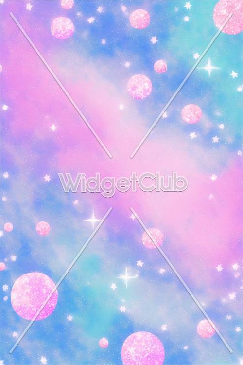 Sparkling Pink and Blue Sky with Stars and Planets