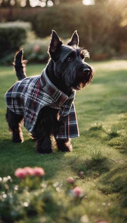 A lively Scottish terrier, wearing a traditional plaid dog coat, playing fetch in the garden at dawn.