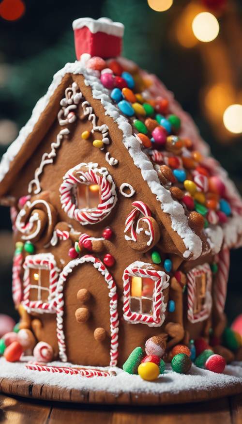 Ein Lebkuchenhaus mit bunten Süßigkeiten auf einem Holztisch, umgeben von Weihnachtsdekorationen.