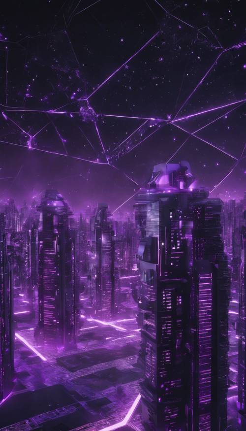 Una città futuristica con architettura geometrica viola sullo sfondo di un cielo stellato nero.