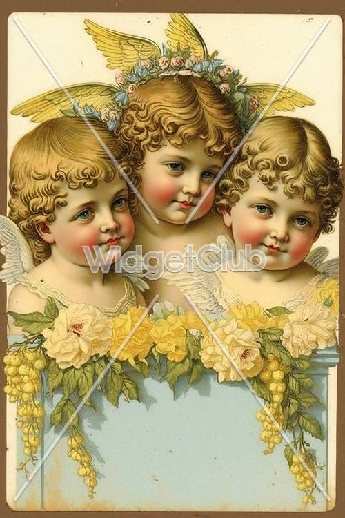 Angelic Faces with Flowers and Feathers Tapet[02a18ffd93aa42b68953]