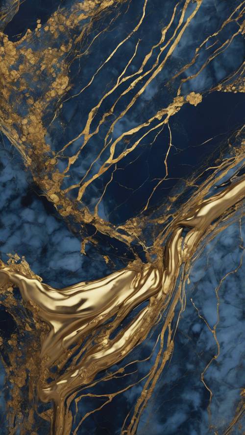 Gambar detail elegan dari urat emas yang tersebar di lempengan marmer biru tua.