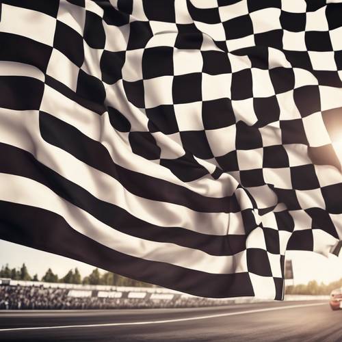 Bandera a cuadros ondeando con el telón de fondo de una multitud vitoreando en voz alta en una carrera de coches.